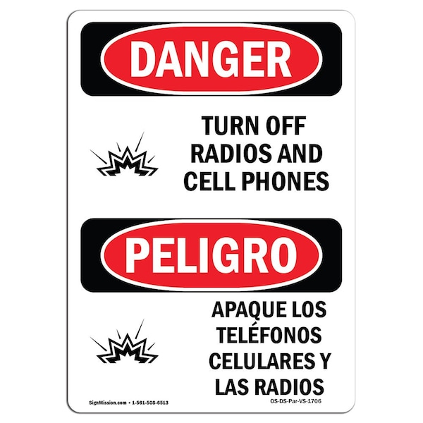 Safety Sign, OSHA Danger, 5" Height, Turn Off Radios And Cell Phones Bilingual Spanish, 10PK